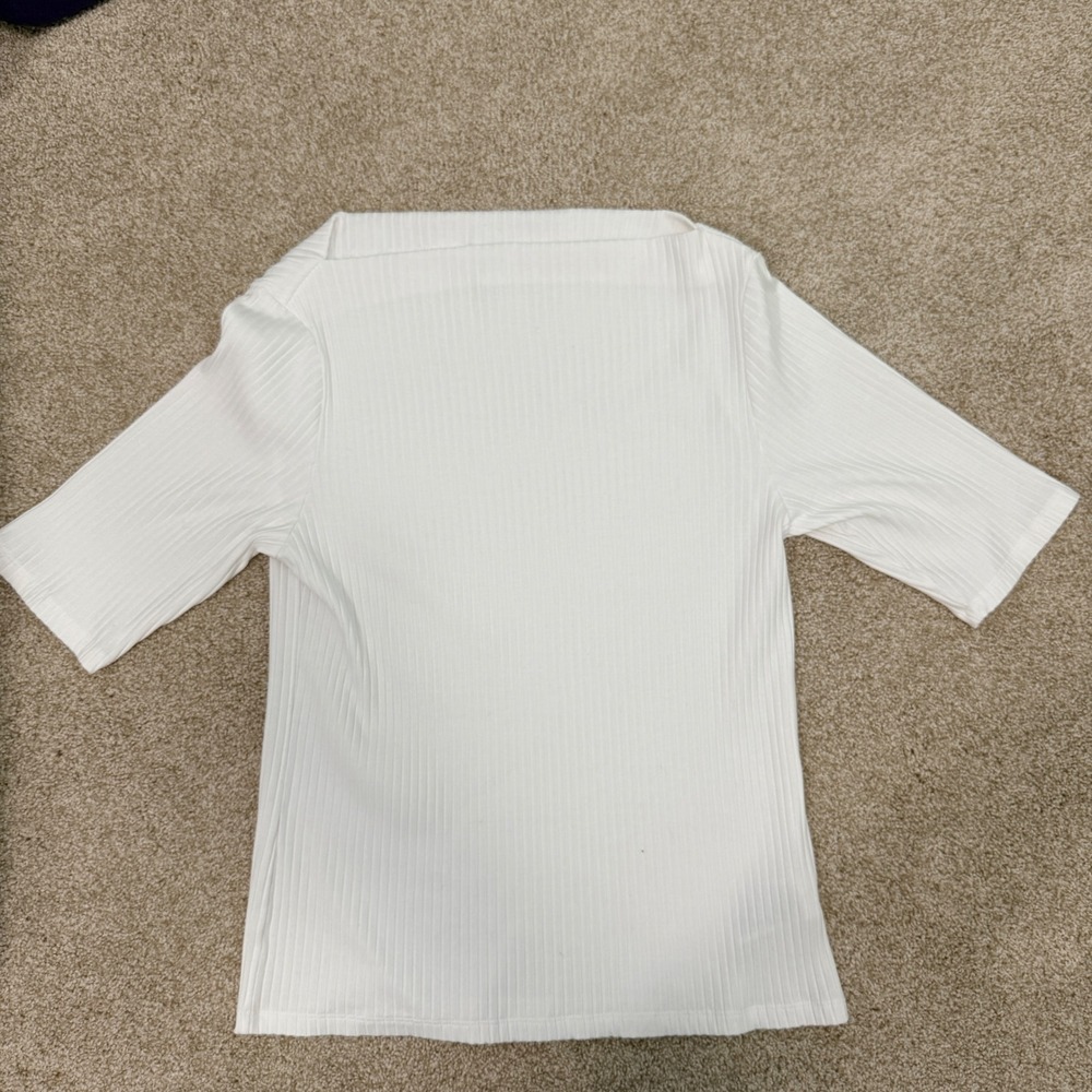 Old Navy Ribbed Knit Top Womens Large White Square Neck Elbow Sleeve Tee